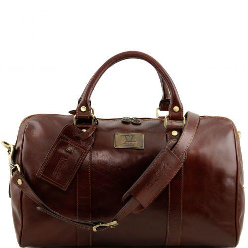 TL Voyager - Travel leather duffle bag with pocket on the back side - Small size leather travel bags